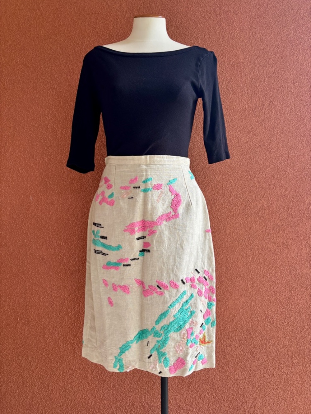 Linen Blend Embroidered A-Line Skirt in Natural with Pink & Teal Accents